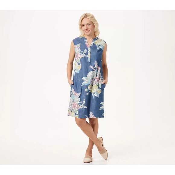 Dresses & Skirts - Denim & Co Stretch Denim Women’s Dress Floral Print A-Line Size S 90s Sleeveless